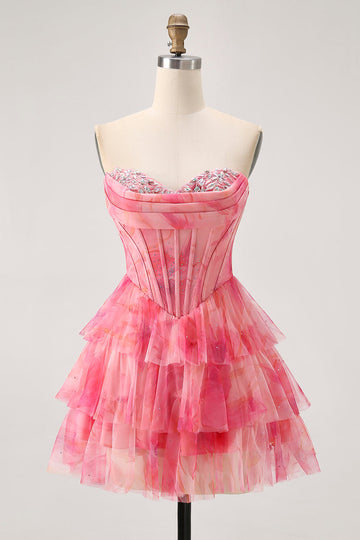 Printed Red Tiered Corset A Line Homecoming Dress